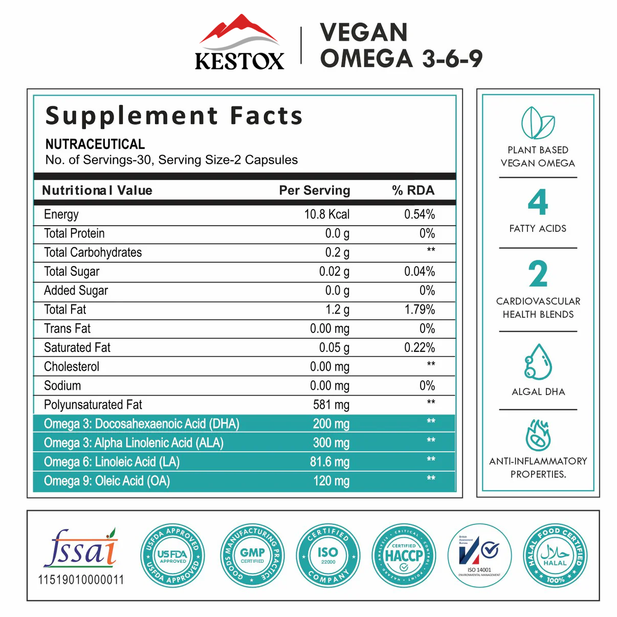 Kestox Plant Based Vegan Omega 3 6 9 with ALGAL DHA Oil