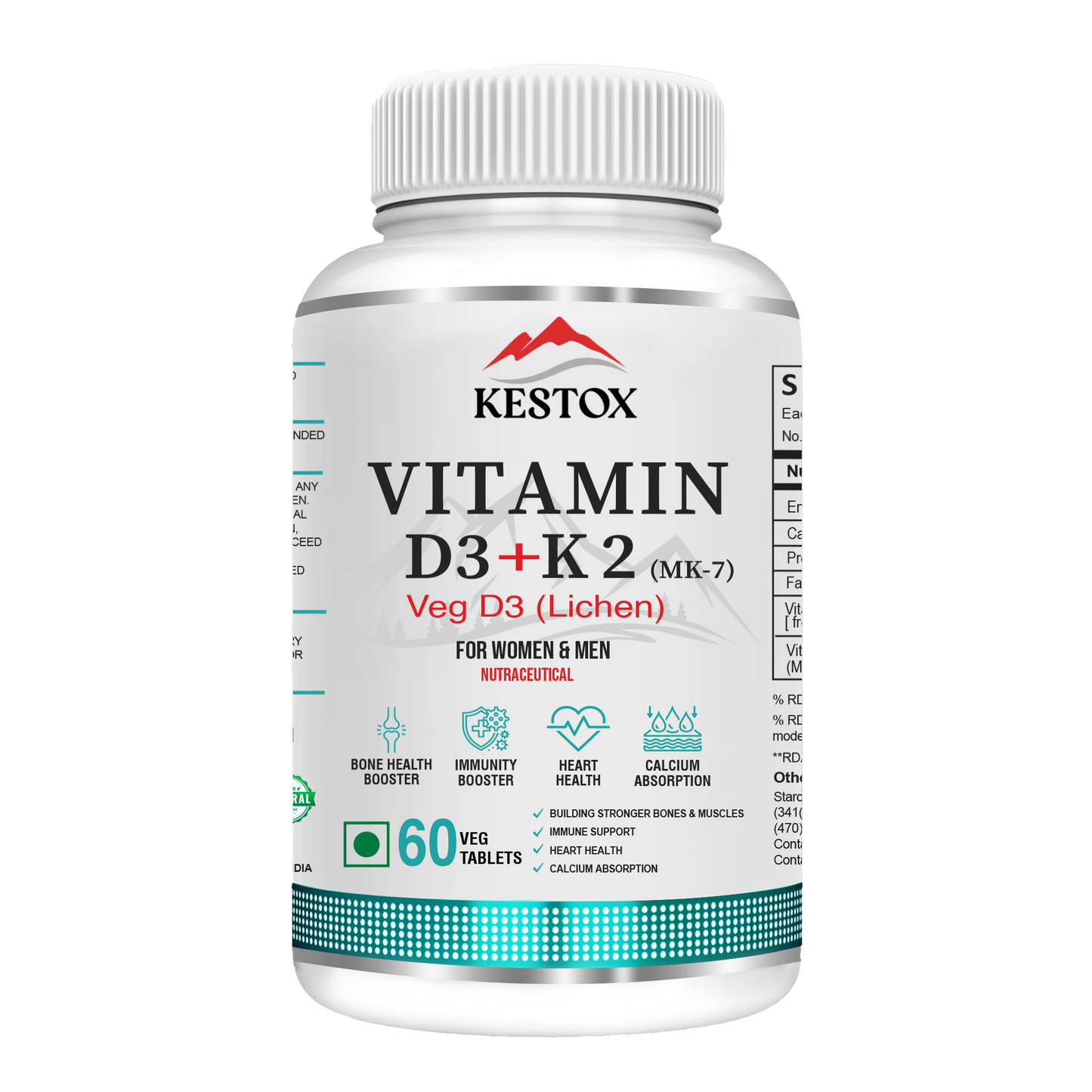 Kestox Vegan Vitamin D3 + K2 (MK7) | Vitamin D3 Supplement Veg D3 Lichen for Immunity & Bone Health Booster