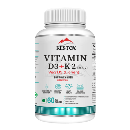 Kestox Vegan Vitamin D3 + K2 (MK7) | Vitamin D3 Supplement Veg D3 Lichen for Immunity & Bone Health Booster