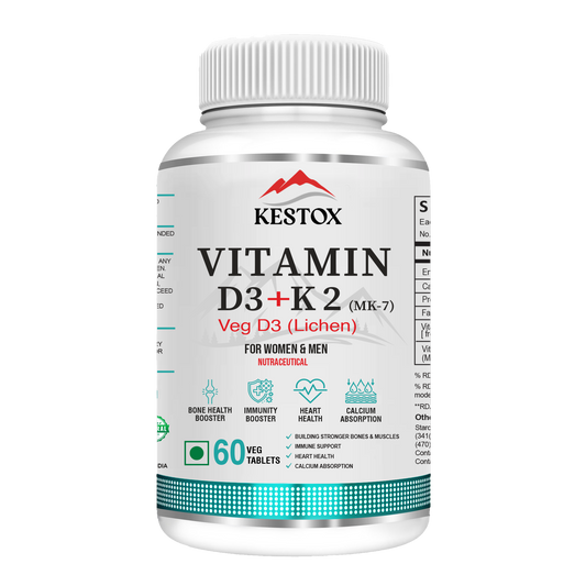 Kestox Vegan Vitamin D3 + K2 (MK7) | Vitamin D3 Supplement Veg D3 Lichen for Immunity & Bone Health Booster