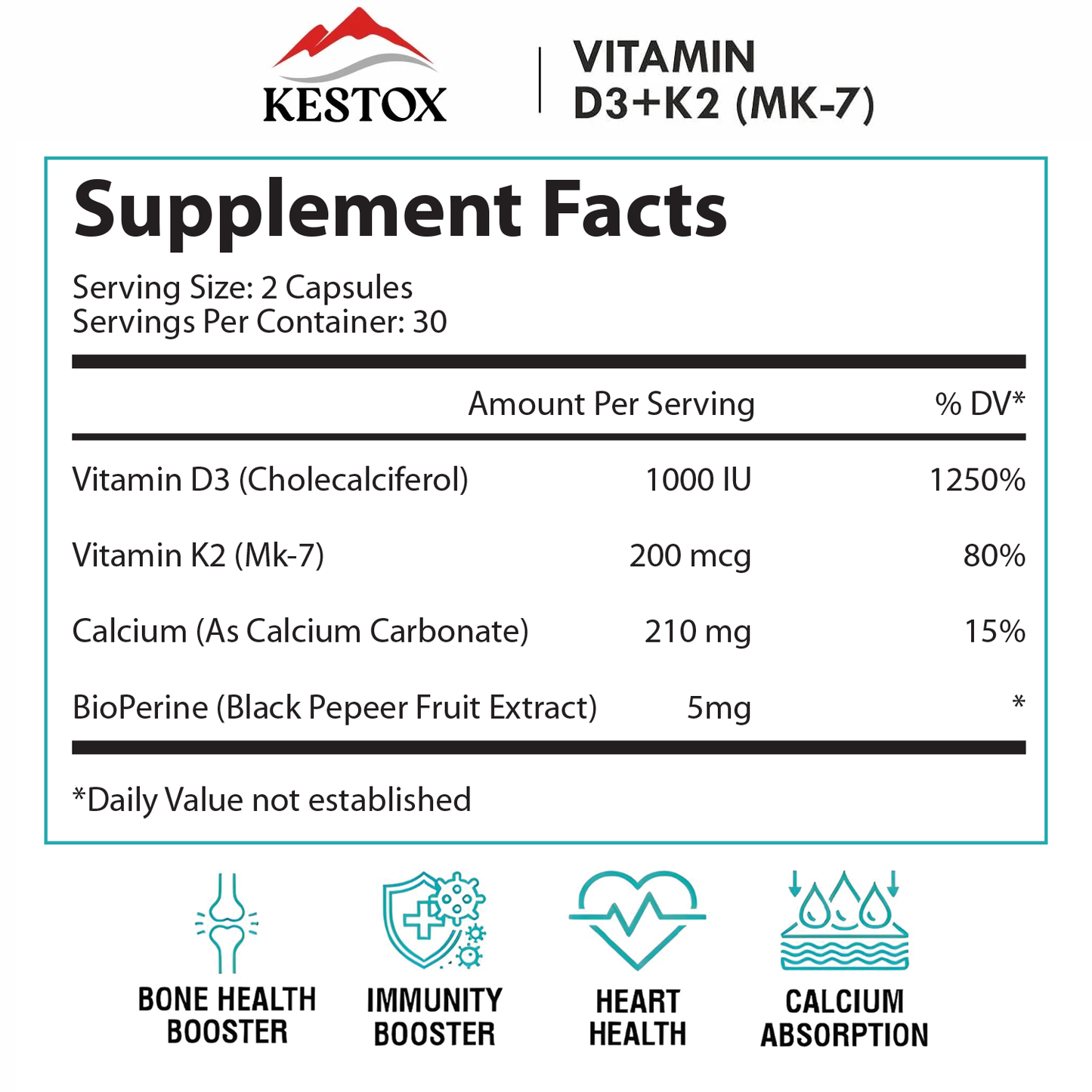 Kestox Vegan Vitamin D3 + K2 (MK7) | Vitamin D3 Supplement Veg D3 Lichen for Immunity & Bone Health Booster