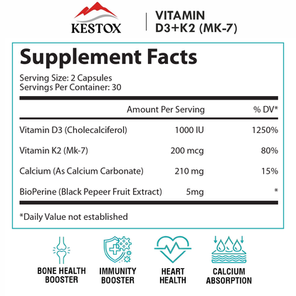 Kestox Vegan Vitamin D3 + K2 (MK7) | Vitamin D3 Supplement Veg D3 Lichen for Immunity & Bone Health Booster